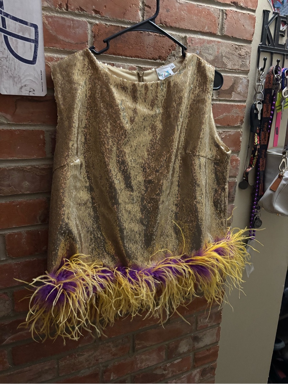 Comely Queen Of Sparkles: Sequin Feather Tank Gold Game Day Mardi Gras size L - Picture 7 of 9